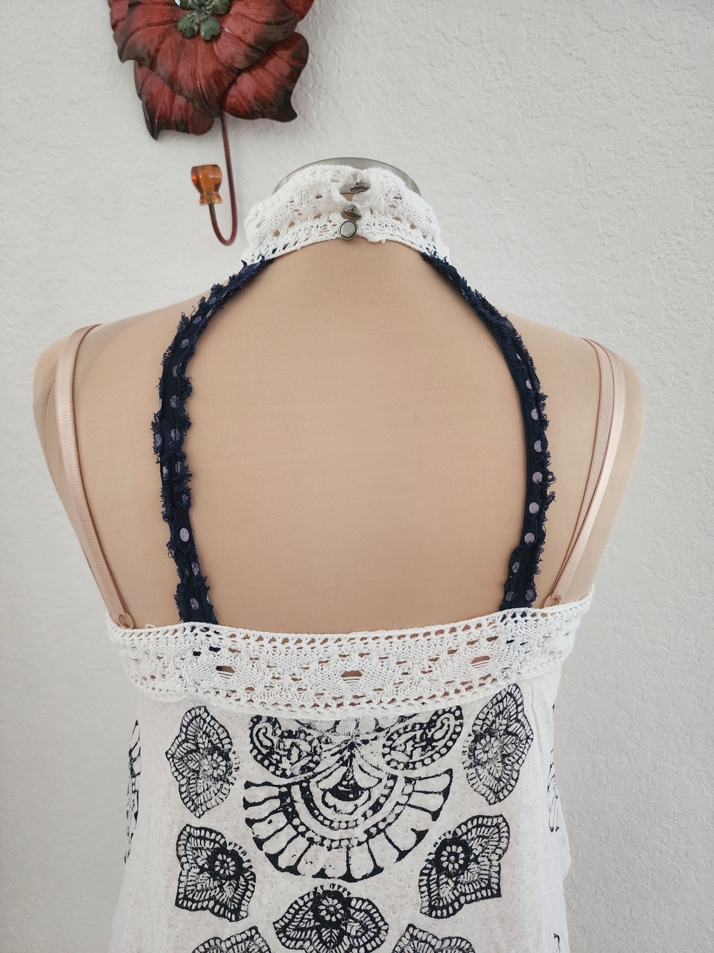 FREE PEOPLE | White Crochet Halter Tank Top with Navy Print - Picture 8 of 13